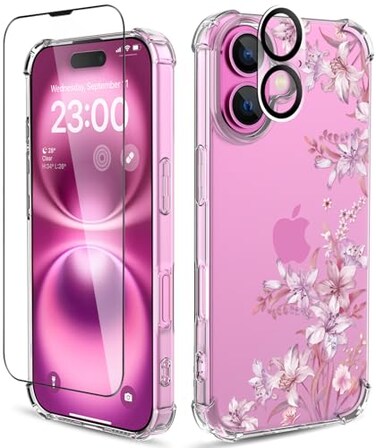 ilnehc Phone Case Compatible for iPhone 16 Case3 in 1 with Screen Protector Camera Lens Protector Flower Pattern DesignClear Soft Shockproof Slim Floral Cover for Women Girls 2024 61