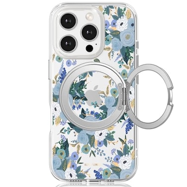 FEWGEY for iPhone 16 Pro Case with MagSafe Stand Ring for Women Cute Clear Floral Design with 360 Kickstand Holder Magnetic Shock Proof HeavyDuty Protection Blue Flower