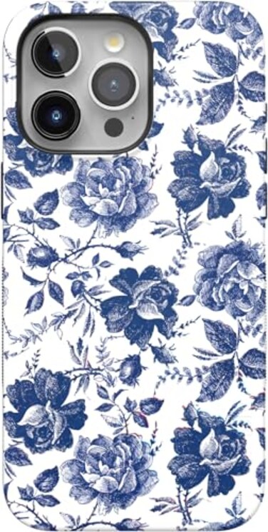 Casely iPhone 15 Pro Max Case Rose to Fame Blue White Floral Bold Protective Design Compatible with MagSafe
