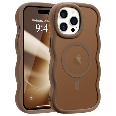 Pepmune for iPhone 15 Pro Max Case Curly Wavy Frame Hard Translucent Matte Clear Back Cover for Women Men Compatible with Magsafe Shockproof TPU Bumper Phone Case for iPhone 15 Pro Max Desert Gold