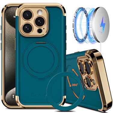 COOLQO for iPhone 15 Pro Max Case 67 Upgraded 360 Spin Magnetic Stand Compatible with MagsafeMilitary Protection Shockproof Protective Phone Holder Cover for iPhone 15 Pro Max Green Gold