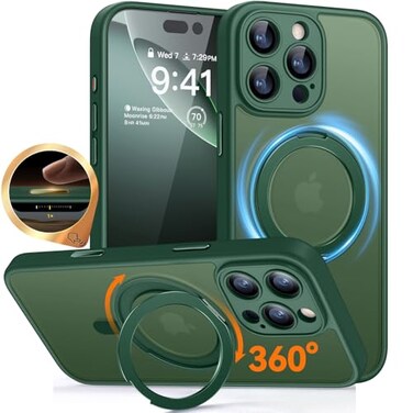 CANSHN 360 Spin Magnetic Stand for iPhone 16 Pro Case with Camera Control Full Camera Protection Compatible with Magsafe Translucent Matte Shockproof Protective Phone Cover 63 Deep Green