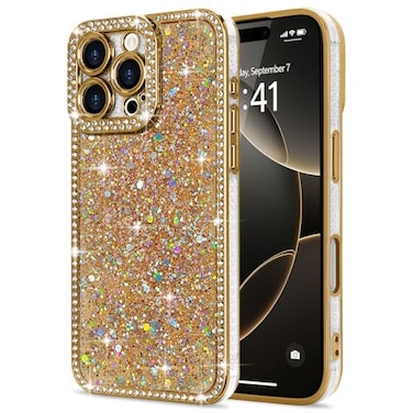 Lafunda for iPhone 16 Pro Max Case Glitter Luxury Shiny Bling Sparkly Bumper Cover with Crystal Diamonds for Women Girls Soft Slim Shockproof Protective Phone Case for iPhone 16 Pro Max 69 Gold