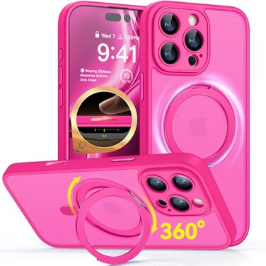 CANSHN 360 Spin Magnetic Stand for iPhone 16 Pro Case with Camera Control Full Camera Protection Compatible with Magsafe Translucent Matte Shockproof Protective Phone Cover 63 Hot Pink