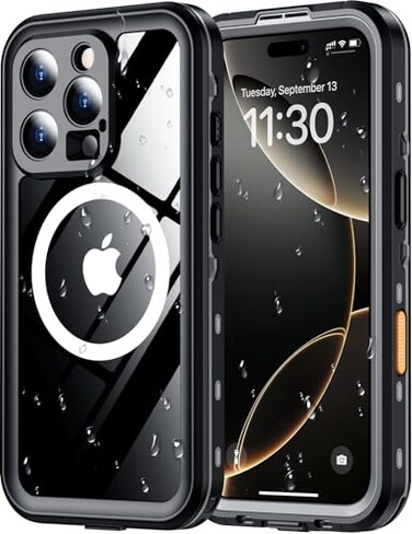 Red2Fire for iPhone 16 Pro Case Waterproof Builtin Screen Protector Camera ProtectorCompatible with MagSafeFull Body ShockproofIP68 WaterproofDustproof Phone Case 63 BlackClear