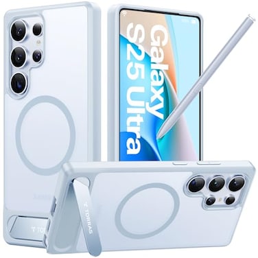 TORRAS Strong Magnetic Seamless Stand for Samsung Galaxy S25 Ultra Case Fit for MagSafe MilGrade Drop Protection Kickstand for Samsung Galaxy S25 Ultra Case Translucent BackSilverblue Edge