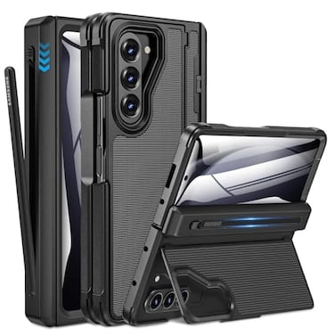 Caka for Samsung Galaxy Z Fold 5 Case Thinner S Pen Holder Hidden Kickstand Hinge Protection Screen Protector Full Body Hard Shockproof Phone Cover with AntiSlip Textured for Fold5 Black