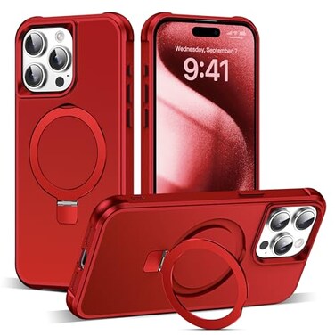 SKYLMW Compatible with iPhone 15 Pro Case with Invisible Magnetic ORing Stand MilitaryGrade Case for iPhone 15 Pro 61 Compatible with MagSafeGreat Grip Feeling Red