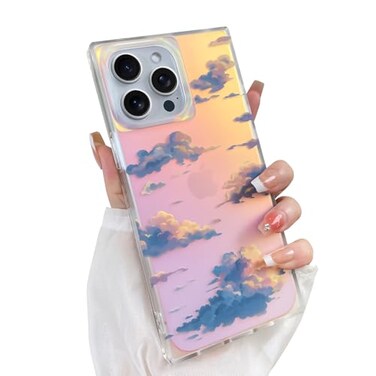 Heaofei Cute Case for iPhone 15 Pro Max Case for Women Girls with Iridescent Cloud Pattern Design Aesthetic Trendy Girly Matte Glitter Sparkly Rainbow Rectangle Protective Phone Cover Sun Set Sky