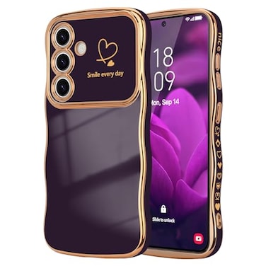 LCHULLE for Samsung Galaxy S25 Plus Case for Women Girls Cute Wave Frame Curly Shape with Love Heart Camera Protection Cover Luxury Plating Shockproof Phone Case for Galaxy S25 Plus 5G Dark Purple