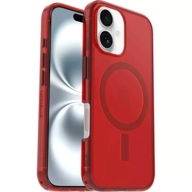 OtterBox iPhone 16 Only Symmetry Clear Series Case Cherry Tomato Firecracker Snaps to MagSafe UltraSleek Raised Edges Protect Camera Screen NonRetail Packaging