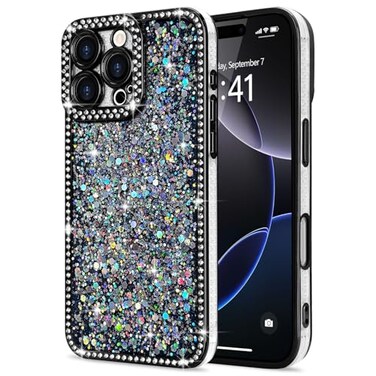 Lafunda for iPhone 16 Pro Max Case Glitter Luxury Shiny Bling Sparkly Bumper Cover with Crystal Diamonds for Women Girls Soft Slim Shockproof Protective Phone Case for iPhone 16 Pro Max 69 Black