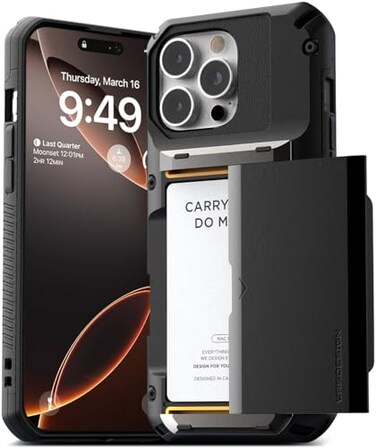 VRS DESIGN Damda Glide Pro Card Holder Case for iPhone 16 Pro Max 2024 Sturdy Semi Auto Card Slot Wallet 4 Cards Case Designed for iPhone 16 Pro Max 2024 Logo Black