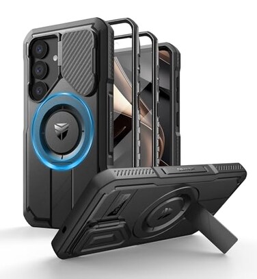 Dexnor for Samsung Galaxy S25 Case with Camera Cover Adjustable Kickstand Builtin Screen Protector Magnetic Rugged Shockproof Bumper Cases HeavyDuty Magnetic Protective Cover 2025Black