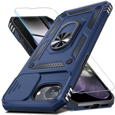 Janmitta Case for iPhone 17e iPhone 16e Phone Cover Built in Slide Camera Lens CoverScreen ProtectorHeavy Duty Shockproof Full Body PhoneCase with Finger Ring Holder KickstandBlue