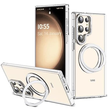 Zalinbo Compatible with Samsung Galaxy S22 S23 Ultra Case with 360Rotatable Magnetic Ring Stand Compatible with MagSafe Military Protection Shockproof Transparent Phone CaseClear