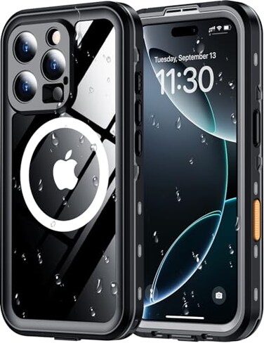 Red2Fire for iPhone 16 Pro Max Case Waterproof Builtin Screen Protector Camera ProtectorCompatible with MagSafeFull Body ShockproofIP68 WaterproofDustproof Phone Case 69 BlackClear