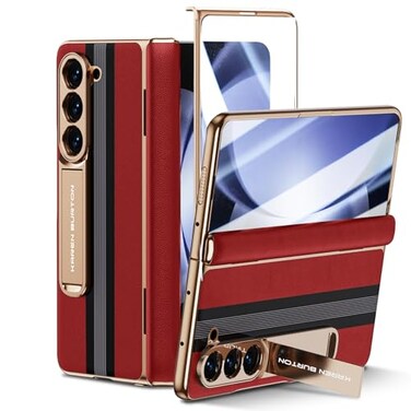 Kalernd for Samsung Galaxy Z Fold 5 Phone Case Luxury Premier Genuine Leather Full Body Hinge Protection Builtin Screen Protector Kickstand Slim Protective Cover for Galaxy ZFold 5 Red