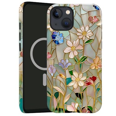 TnXee Case Compatible with iPhone 13Compatible with MagSafeGlossy Fall Prevention Hybrid 2Layer Hard Shell Cases for Girls BoysStained Glass Bloom Flower