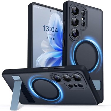 CANSHN Strong Magnetic Seamless Stand Designed for Samsung Galaxy S25 Ultra Case 2025 Adjustable Kickstand Compatible with Magsafe Translucent Matte Back Black