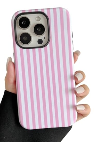 Longlayss Compatible with iPhone 15 Pro Max Case Cute Aesthetic Striped Phone Case for Women Girl Shockproof Slim TPU and Hard PC Protective Cover Pink