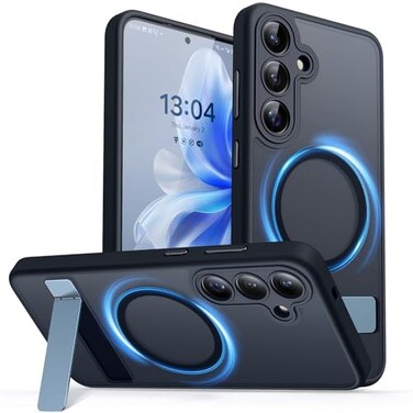 CANSHN Strong Magnetic Seamless Stand Designed for Samsung Galaxy S25 Plus Case 2025 Adjustable Kickstand Compatible with Magsafe Translucent Matte Back Black