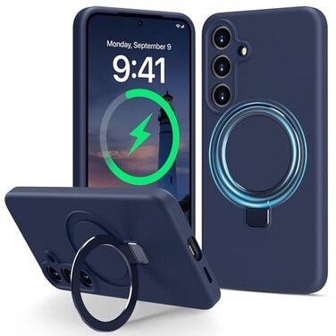 Vanxiliiy for Samsung Galaxy S25 S25 Plus Case with Stand Slim Liquid Silicone Phone Cases for Galaxy S25 Plus Compatible with MagSafe Magnetic Ring Kickstand Case Full Camera Protection Dark Blue