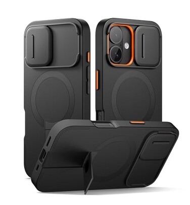 SURITCH for iPhone 16 Case with Magnetic Camera Slide Cover and Adjustable Kickstand Compatible with MagSafe Shockproof Bumper Case Slim Protective Cover 61 Inch Black
