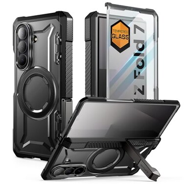 SUPCASE for Samsung Galaxy Z Fold 7 Case with Kickstand UB Grip Compatible with MagSafe Builtin Tempered Glass Screen Protector Hinge Coverage MilitaryGrade Protection Phone Case Black