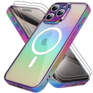 Bonoma for iPhone 15 Pro Max Case Magnetic Support for Magsafe Bling Laser Iridescent Florescent Crystal Luxury Camera Protector 2 Screen Protector Shockproof Edge Cover Purple