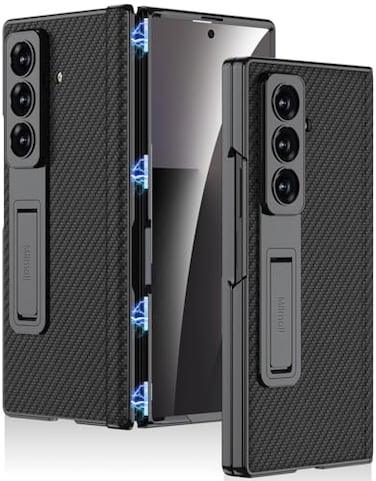 Miimall Ultra Slim for Samsung Galaxy Z Fold 7 Case with Magnetic Hinge Protection Tempered Glass Screen Protector Kick Stand PU Leather Protective Phone Full Cover for Z7 Fold7 5G Carbon Fiber