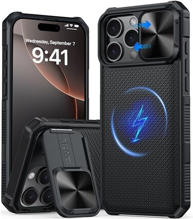 GIVELOT Magnetic for iPhone 16 Pro Case Slide Camera Cover Compatible with Magsafe Kickstand Military Grade Protection Shockproof Rugged Case for iPhone 16 ProBlack