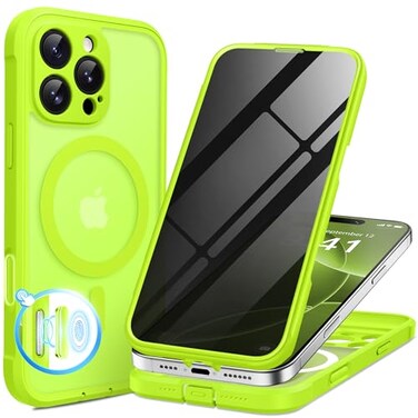BERFY for iPhone 16 Pro Max Case Compatible with MagSafe Builtin Privacy Screen Protector Camera Protection Shockproof Full Body Phone Case 69 Translucent Bright Green