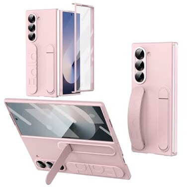 XIMAND for Samsung Galaxy Z Fold 7 Protect Case with Wristband StandBulitin Screen Lens Protection Shockproof Full Body Drop Fall ProtectionPink