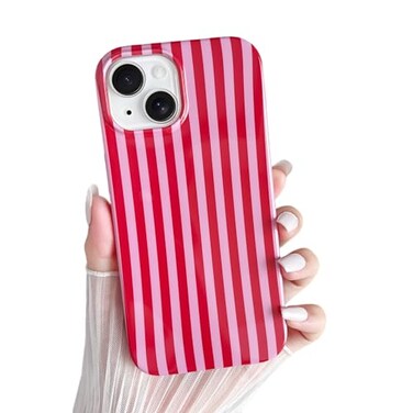 Yeddabox for iPhone 15 Case Cute Striped Phone Case Soft TPU Slim Shockproof Phone Cover for Women Girls Red and Pink