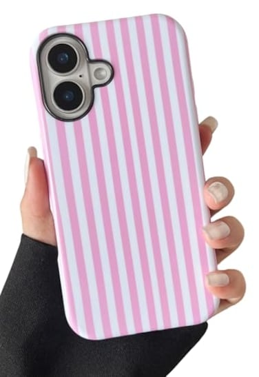 Longlayss Compatible with iPhone 16 Plus Case Cute Aesthetic Striped Phone Case for Women Girl Shockproof Slim TPU and Hard PC Protective Cover Pink