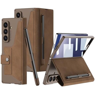 DEMCERT for Samsung Galaxy Z Fold 7 Case with Pen Armor Full Body Protective Removable Pen Slot AntiScratch Hard Slim Leather Bracket Case with Screen Protector Brown