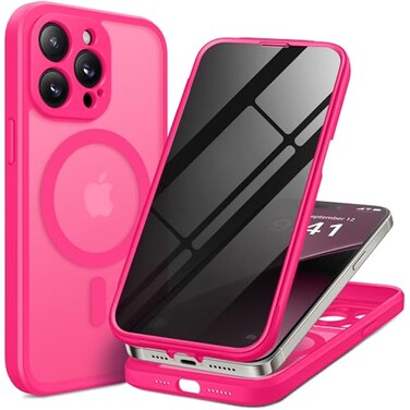 BERFY for iPhone 14 Pro Max Case Compatible with MagSafe Builtin Privacy Screen Protector Camera Protection Shockproof Full Body Phone Case 67 Translucent Hot Pink