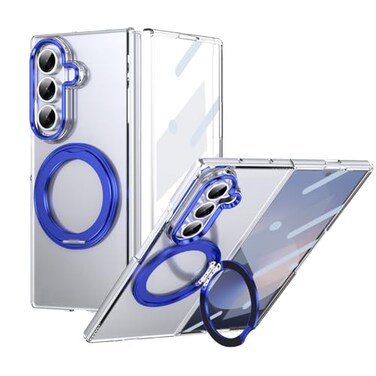 XIMAND for Samsung Galaxy Z Fold 7 Case with Magnetic Ring Holder 360 Rotating Bracket Builtin Front Screen Len Protector AntiYellowing AntiFingerprint Crystal Clear CaseBlue