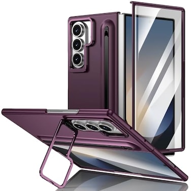 XIMAND for Samsung Galaxy Z Fold 7 Protect Case with Slim S Pen Slot Capacitance Pen Lens Stand and Bulitin Screen Protection Full Body Drop Fall ProtectionWine