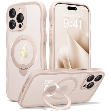 CAPRARO for iPhone 15 Pro Max Case with 360 Spin Magnetic Stand for Women Compatible with MagSafe Full Camera Protection Cute Wave Translucent Matte Case for iPhone 15 Pro Max Rose Gold