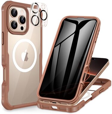 CENHUFO Magnetic Privacy for iPhone 16 Pro Max Case Compatible with Magsafe Full Body Phone Case Builtin 9H Tempered Glass Privacy Screen Protector and Camera Lens Protector Cover Desert Brown