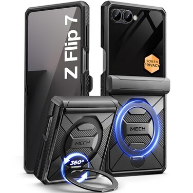 TONGATE 360 Spin Magnetic Stand for Z Flip 7 Case with Privacy Screen Protector Compatible with Magsafe Anti Spy FullBody Shockproof Samsung Galaxy Z Flip 7 Case with Hinge Protection Black