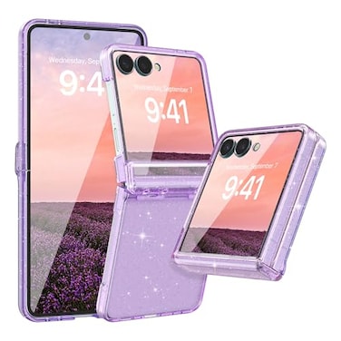 FABSPARK Case for Samsung Galaxy Z Flip 7 Builtin Screen ProtectorHinge ProtectionSparkly Bling Glitter Crystal Clear Transparent Slim Fit Acrylic Hard PC for Samsung Z Flip 7 CaseGlitter Purple