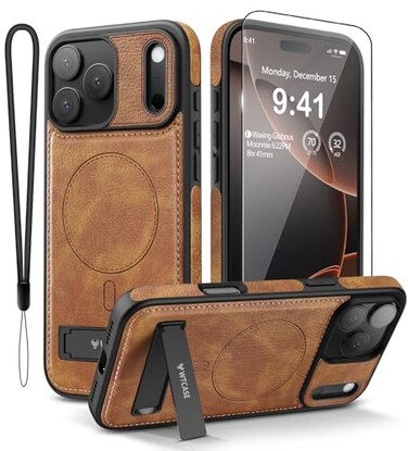 WTCASE Magnetic for iPhone 17 Pro Leather CaseBuiltin Invisible Stand Compatible with Magsafe Protective Slim Kickstand Phone Cover for iPhone 17 Pro Case Brown