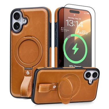 Butaiga for iPhone 17 Leather Case with Stand AntiSlip Grip Ring Fits for MagSafe Brown iPhone 17