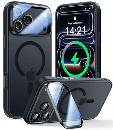 VOFATA Upgraded Full Camera Protection for iPhone 17 Pro Max Case with Camera Cover Stand Fit for MagSafe10FT MilGrade Protection Translucent Magnetic iPhone 17 Pro Max Phone Case Black