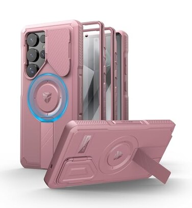 Dexnor for Samsung Galaxy S25 Ultra Case with Camera Cover Adjustable Kickstand Builtin Screen Protector Magnetic Rugged Shockproof Bumper Cases HeavyDuty Protective Cover 2025Peony Pink