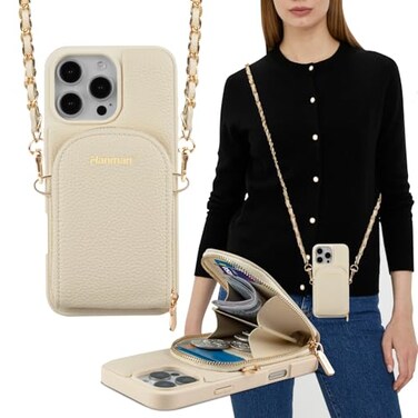 Hanman Crossbody Wallet Case for iPhone 16 Pro MaxRFID Blocking PU Leather Zipper Handbag Purse Cover Suitable for iPhone 16 Pro MaxLeather Wallet Case for Woman GirlsBeige