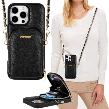 Hanman Crossbody Wallet Case for iPhone 16 Pro MaxRFID Blocking PU Leather Zipper Handbag Purse Cover Suitable for iPhone 16 Pro MaxLeather Wallet Case for Woman GirlsBlack